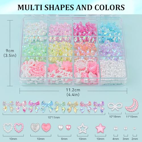 600 Pcs 3D Nail Bow Charms and Flatback Pearls Nail Charms Set 11 - color: Set 11- 8 Colors