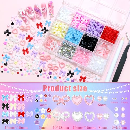 RODAKY Assorted Nail Charms and Flatback Pearls Gems Set,Pink White Bow Charm for Nail Art Designs,Cute 3D Flower for Nail with Rhinestones,Half Pearls for Nail Jewelry DIY Crafts Nail Art Decoration - color: Set 02 - 2 Boxes Nail Art Decos