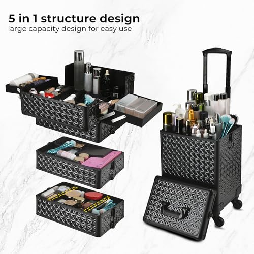 Rolling Makeup Case, Makeup Train Case with Lid, 5 in 1 Cosmetology Case on Wheels, Christmas Gift, Large Makeup Case Organizers, Profesional Cosmetic Case for Salon Barber,Black - color: Black