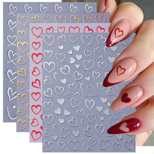 6 Sheets Heart Nail Stickers for Nail Art 3D Self-Adhesive Valentines Nail Art Stickers with Red Silver Gold Hollow Hearts Design Cute Love Heart Nail Decals DIY Manicure Decoration Kit for Women - style: Heart Nail Stickers-11