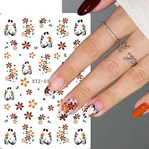 Halloween Ghost Flower Nail Art Stickers Pumpkin Cute Ghost Nail Art Decals 6 Sheets 3D Self-Adhesive Flowers Hat Nail Stickers for Women Halloween Nail Supplies Nail Decorations - color: Halloween Style5