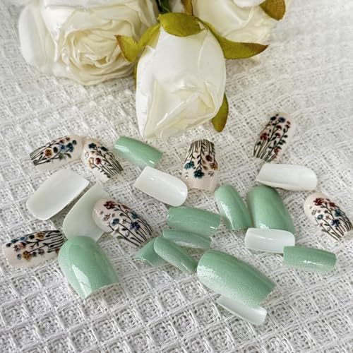 Flower Press on Nails Short Square Fake Nails Green White False Nails Full Cover Acrylic Nails Press ons Spring Floral False Nails with designs Stick on Nails Gel Glue on Nails for Women Summer Nails - color: s34