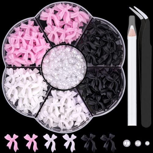 1 Box 3D Bow Nail Charms and Flatback Pearls Set 11, 120 Pcs Pink White Black Cute Bow Charms for Nail Design + 2-4mm White Nail Pearls with Pickup Tweezer and Pencil for Nail Art Decoration - color: Style C - Pink White Black