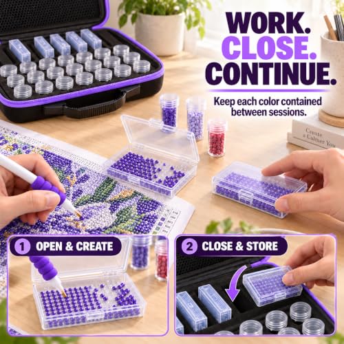 MERATIA Diamond Art Storage Case, 10 Lidded Trays and 30 Screw-Top Jars - color: Purple 40 Slots-2 Sizes