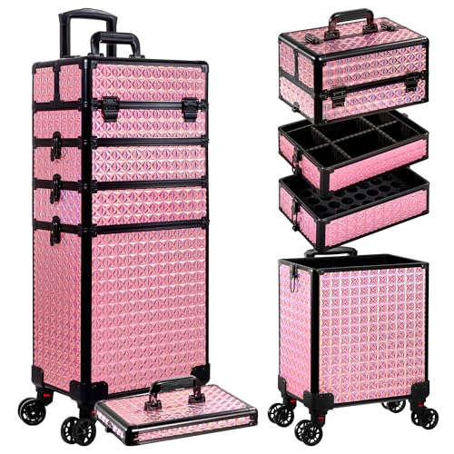 AROUS 5 in 1 Rolling Makeup Train Case with Lid Cosmetology Case on Wheels - color: Pink