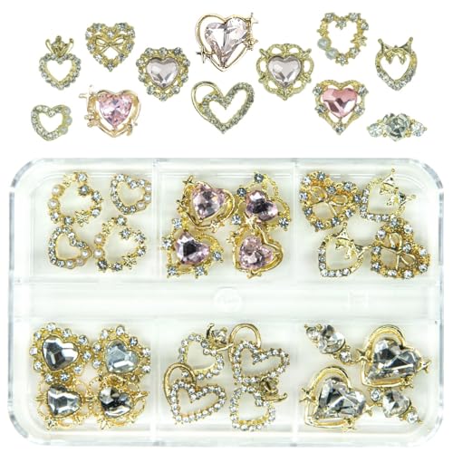 24pcs Heart Nail Charms Luxury Alloy Charms for Nails, qiipii 12 Pair 3D Gold Nail Art Rhinestones Nail Gems Golden Nail Crystal Diamonds Jewelry Stones Studs Nail Supplies Nails Decor Crafts 1 Box - color: Luxury Charms -Heart(A), size: 1 Box
