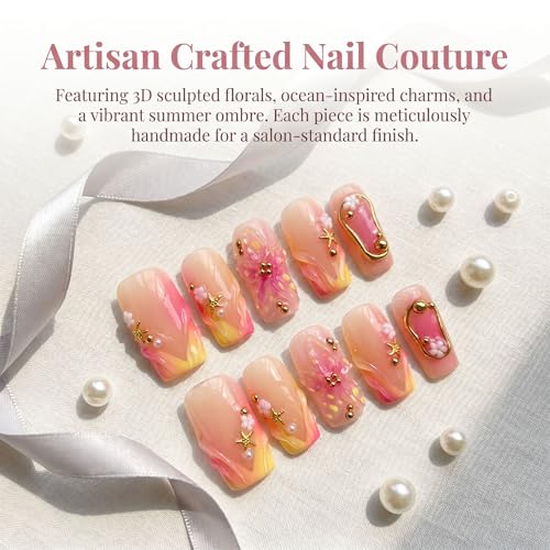 Medium Square Handmade Press on Nails - Ombre French Tip Fake Nails with Gold Starfish & 3D Floral Designs False Nails Reusable Acrylic Stick on Nails for Women 10Pcs (Size M) - color: style2