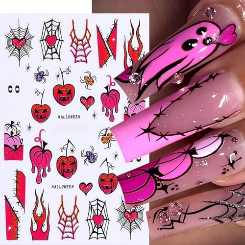 8Sheets Halloween Nail Stickers for Nail Art,3D Self-Adhesive Cute Ghost Spider Nail Decals Pink Red Horror Pumpkin Heart Spider Web Nail Design Nails Supplies for Women Manicure Holiday Decorations - style: spider
