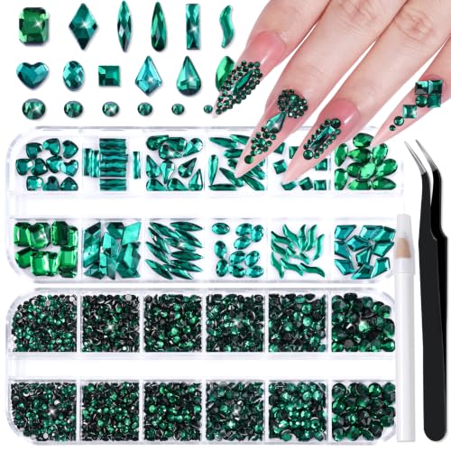 3220Pcs Glass Green Nail Rhinestones 12 Styles Crystal Flatback Rhinestones - color: Green