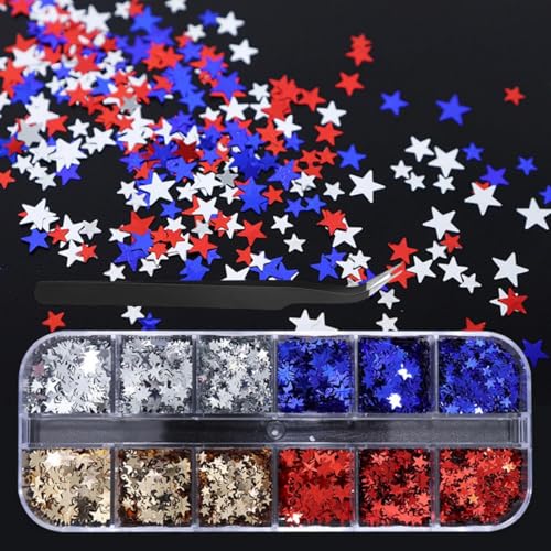 1 Box 4 Color Holographic Star Nail Glitter Gold Silver Nail Sequins 3D Red Blue Nail Flakes Sparkly Glitter Flakes Shiny Nail Glitter Independence Day Nail Sequins Glitter for Nails Art 12 Grids - color: YHN11