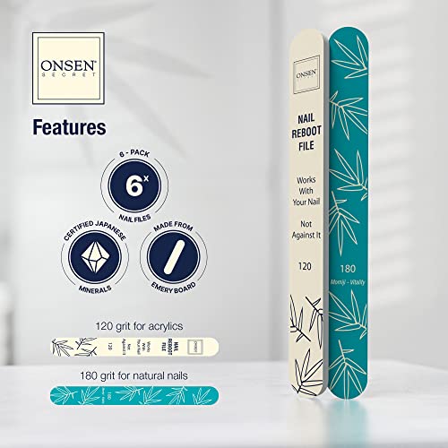 Onsen Secret Japanese Nail File - Professional 6-Pack Nail Files, Double Sided Natural & Acrylic Filers - 120/180 Grit - Disposable, Salon Smooth | Best Onsen File for Shiny Nails - size: 6 Nail Files