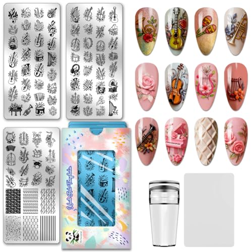 PH PandaHall 3pcs Musical Instrument Nail Stamping Plates Guitar Piano Nail Design Stencil Musical Note Nails Image Plates Drum Harp Nails Art Templates for Women DIY Home Manicures Salon Printing - style: Musical Instrument