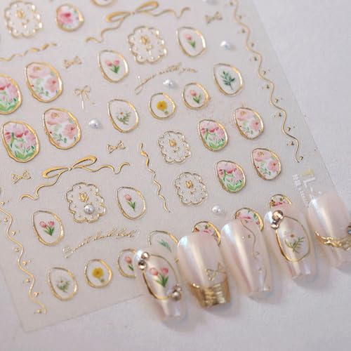 1 Sheet Flower Nail Stickers 5D Embossed Nail Art Stickers Decals Tulip Glue Irregular Geometric Frames Nail Decals Gold Hollow Designs Nail Supplies Pink Floral Manicure Decor Accessories for Women - style: tulips