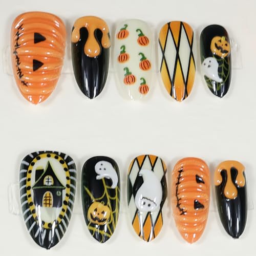 30Pcs Halloween Press on Nails Medium Almond Cute Fake Nails with 3D Ghost Pumpkin Castle Designs False Nails Kit Halloween Acrylic Nail Orange Blood Drop French Full Cover Stick on Nails for Women - color: pumpkin