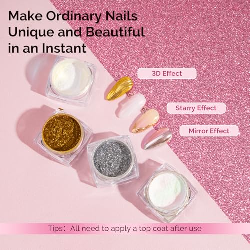 MelodySusie 4Pcs Chrome Nail Powder for Gel Nails - color: White Aurora Gold Silver