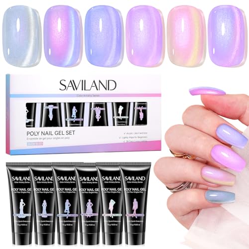 Saviland Hema-Free Poly Gel, 6 Colors Cat Magnetic Eye for 28-Day Lasting - color: 03- 6 Colors Galactic Blue-Violet Shimmer