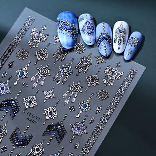 Boho Nail Stickers Silver Blue Ethnic Tribal Feather Designs - color: Color 23