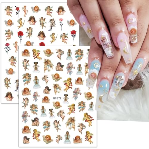 Cupid Angel Nail Stickers for Nail Art 8Sheets 3D Self Adhesive Cupid Nail Decals Valentines Day Angel Rose Flower Design Nail Art Sticker Love Heart Charms Nail Supplies Decoration for Women Manicure - style: angel-1