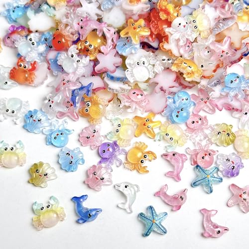 100Pcs Ocean Mini Resin Nail Art Charm Cute Tiny Sea Animal Nail Art 3D Resin Flat Back Crab Octopus Seashell Starfish Beach Nail Jewelry Summer Nail Supplies Manicure Beach (Ocean Animals) - color: Ocean animals