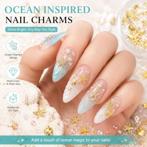 100PCS 3D Summer Ocean Resin Nails Charms Beach Seashell Starfish Gold Nail Charms Beads Star Sea Shell Nail Art Jewelry Summer Beach Nail Accessories for Women DIY Accessories (Starfish) - color: Starfish