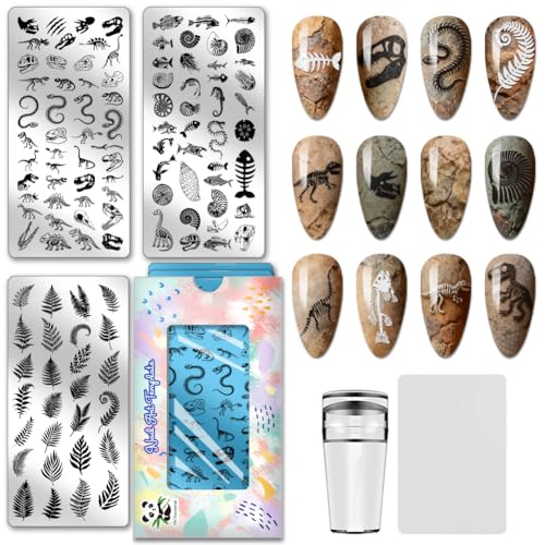 PH PandaHall 111 Patterns Dinosaur Fossils Nail Stamping Plates 3pcs Snake Fish Fossil Nail Stamper Marine Fossils Nails Image Plates Leaf Plant Nails Art Stencils for Women Manicures Salon Design - style: Dinosaur Fossils
