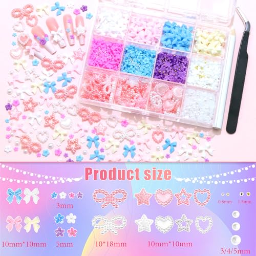 RODAKY Nail Charms and Flatback Pearls Gems Set, Bow Charm for Nail Art Designs,Assorted Pearl Bows Heart Star,Flowers for Nail with Nail Beads,White Half Pearls for Nail Jewelry DIY Nail Decoration - color: Set 05 - 2 Boxes Nail Art Decos