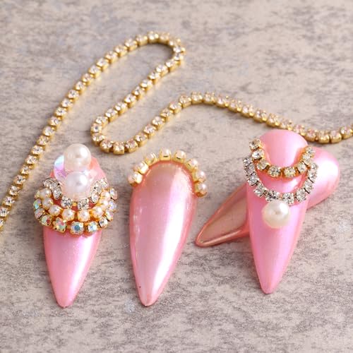SUTOKAKA 6 Strips Rhinestone Pearl Alloy Nail Chain Charms - color: Gold Silver Rhinestone Pearl Chains