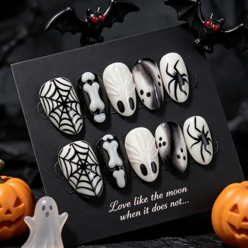 30pcs Halloween Press On Nails Ghost Spider Web Fake Nails Gothic Nail Tips - color: Halloween Press on Nails 15
