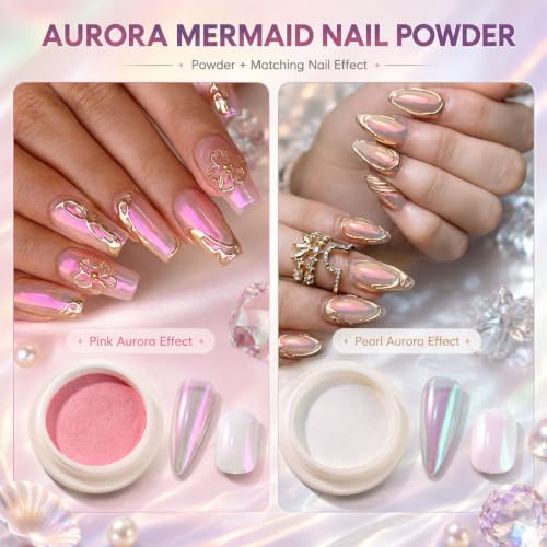 Aurora Chrome Nail Powder, 8pcs Iridescent Mirror Effect with Sponge Sticks
