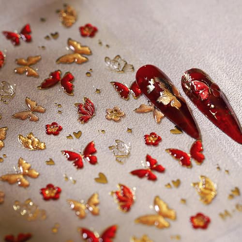 5D Embossed Butterfly Nail Art Stickers Red Hot Gold Butterflies Nail Decals Flower Heart Nail Design Stickers Self Adhesive Star Nail Art Supplies Spring Nail Stickers for Women Nail Art Decoration - style: Butterfly Nail Stickers-5