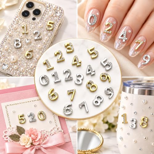 20 Pcs Numbers Nail Charms Gold Silver Flatback Numbers Nail Rhinestones - color: Shining Silver