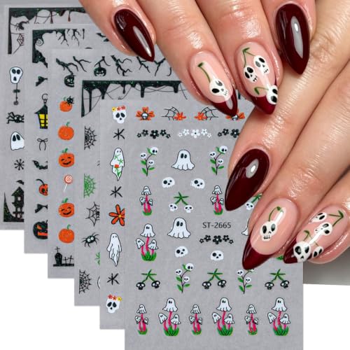 Halloween Nail Art Sticker Pumpkin Nail Sticker 6Pcs Horror 3D Self-Adhesive Ghost Skull Spider Web Bat Nails Pumpkin Decals Skeleton Castle Nail Supplies Accessories for Halloween Manicure Decoration - color: Pumpkin Face