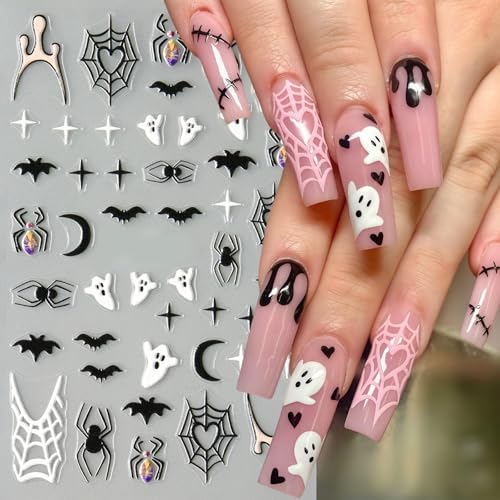 5 Sheet Halloween Nail Stickers 5D Micro Relief Self-Adhesive Cute Ghost Spider Web Nail Decals Ghost Spider Web Skull Bat Nail Design Classic Halloween Decoration for Women Manicure Art Supplies - style: micro relief ghost