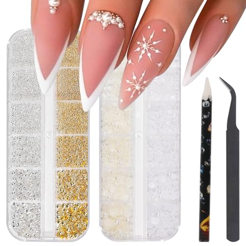 Nail Charms - Metal Gold & Silver, Flat Back Round Nail Art Charms, Small Nail Pearls, 3D Mixed Sizes Decorations for Nails - color: Nail Pearls Rivet