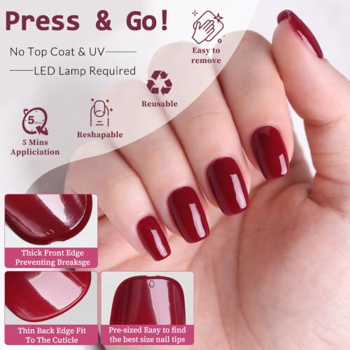Short Red Press on Nails Square Fake Nails Press ons Red Glue Nails-G - color: Wine Red
