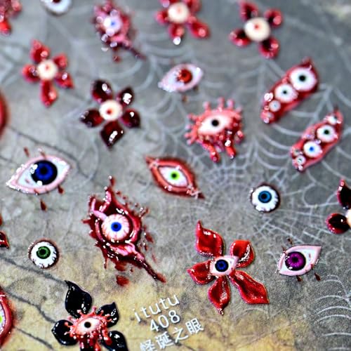 Halloween Nail Stickers for Nail Art Scary Eyeball Flower Nail Art Stickers Eye Scar Blood Red 5D Embossed Floral Nail Decals Self-Adhesive Nails Supply Manicure Sliders Devil for Nails Decoration - color: Blood Eyeball Flower