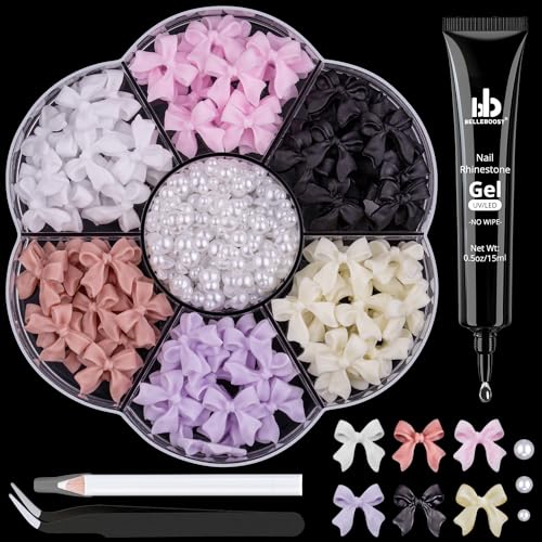 120 Pcs 3D Nail Bow Charms + 2-4mm Nail Pearls Set 1, 6 Colors Cute Bow Charms and White Flatback Pearls with Nail Charm Glue Gel(UV Needed) and Pickup Tools for Nail Art Decoration - color: Style A with Glue- 6 Colors Set 1