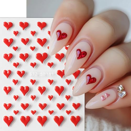 Valentine’s Day Nail Art Stickers 5D Embossed Heart Nail Decals Self-Adhesive Nail Art Supplies 2PCS Romantic Red Love Heart Valentines Nails Design Adhesive Stickers for Nails Manicure Decorations - style: 5d red heart