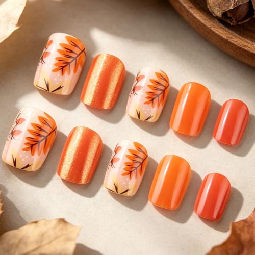 Fall Press on Nails Short Square Nails Fake Nails with Maple Glitter Designs Autumn Nails Press ons Orange Glue on Nails Full Cover False Nails Glossy Stick on Nails for Women 24Pcs - color: 11
