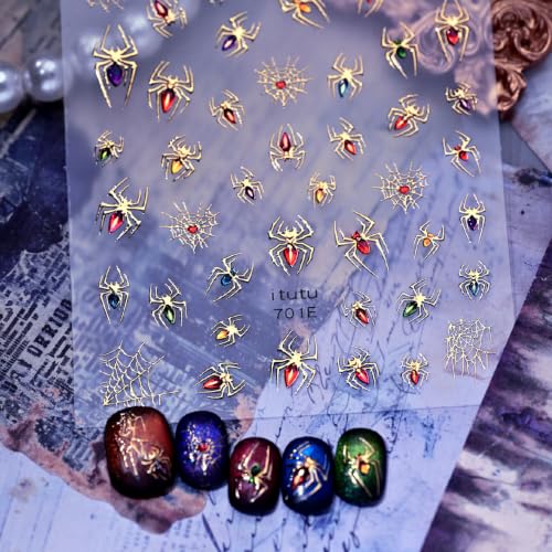 1 Sheet Halloween Nail Stickers 5D Embossed Self Adhesive Spider Web Nail Decals Spider Nail Art Stickers Colorful Gold Relief Spider Nail Designs Goth Halloween Holiday Manicure Supplies for Women - color: Halloween Golden Relief Spider