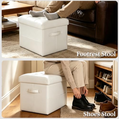 Ottoman with Storage. Folding Foot Stool with Thick Foam Padded Seat, White - color: White, size: 17"D x 13"W x 13"H