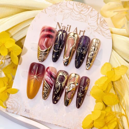Long Stiletto Press on Nails Red Gold Moon Star Fake Nail 30pcs
