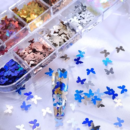 1 Box 12 Color Holographic Butterfly Nail Glitter Laser Silver Nail Sequins 3D Red Gold Nail Flakes Sparkly Powder Flakes Shiny Nail Glitter Colorful Nail Sequins Glitter for Nails Art 12 Grids - color: Color 44