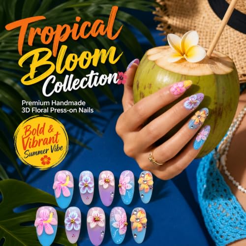 10Pcs Almond Press on Nails, Tropical Hibiscus Flower Design, Blue and Lavender Ombre Fake Nails with 3D Rhinestones, Summer Beach Floral Glossy Glue on Nails for Women - color: Blue and Purple Ombre, size: S