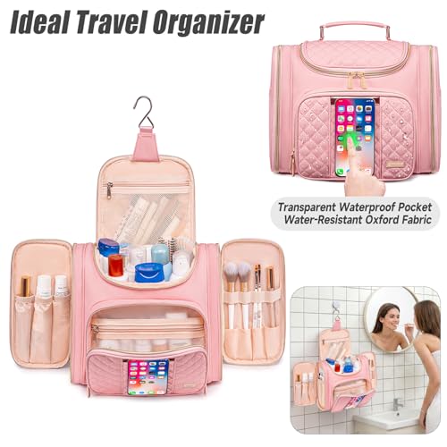 Tealari Large Toiletry Bag for Women Men,Bathroom Bag,Water Resistant Shower Bag,Makeup Bag,Toiletry Bags for Traveling,Hanging Toiletry Bag with Transparent Waterproof Phone Pocket (Pink) - color: Pink