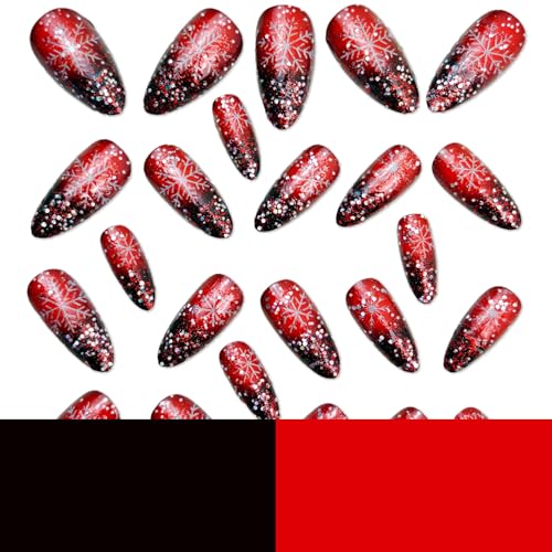 24 Pcs Christmas Red Press On Nails Medium Almond Fake Nails Red Glitter Gradient False Nails Winter Holiday Glue on Nails Sequin Full Cover Glossy Stick on Nails for Acrylic Xmas Manicure Decoration