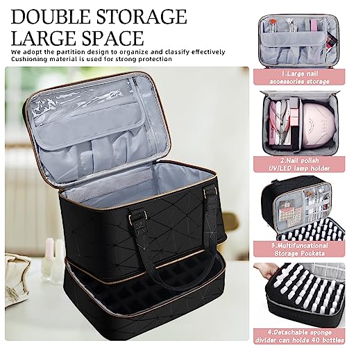 FCQQYWZ Nail Polish Organizer Case Hold 40+ Bottles (15ml/0.5 fl.oz) and Led Nail Lamp, Nail Supply Organizers and Storage for Nail Tech, Nail Dryer Case Nail Polish Bag Nail Kit Organizer (BLACK) - color: Black-40Bottles