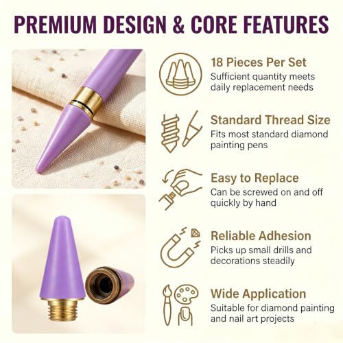 18 Pcs Wax Replacement Head Tips,Nail Rhinestone Picker (Purple) - color: Purple