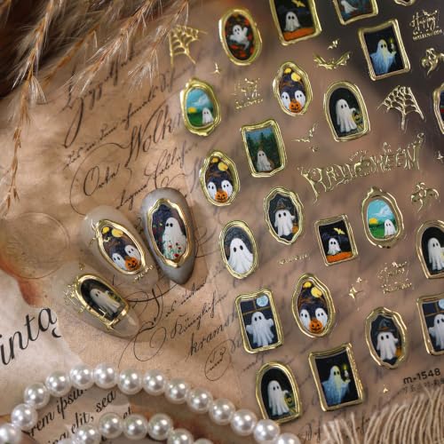 1 Sheet Retro Halloween Nail Stickers 5D Self-Adhesive Engraved Retro Picture Frame Ghost Nail Decals Flower Ghost Pegatinas Uñas Gold Spider Web Bats Nail Supplies for Women Nails Decorations - color: Flower Ghost