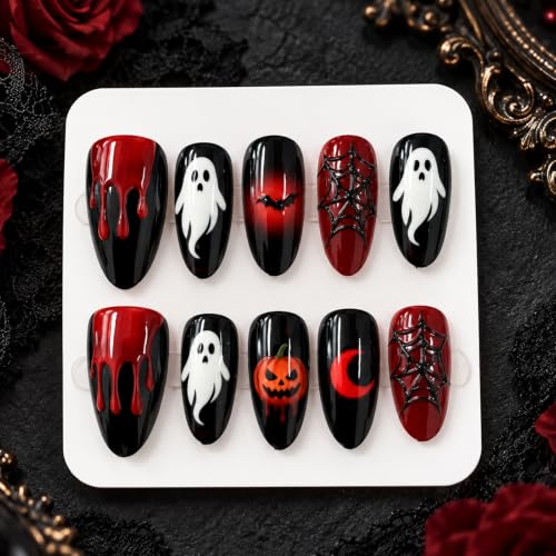 Halloween Press on Nails Medium Almond, Red and Black Gothic False Nails 30Pcs - color: halloween-design16